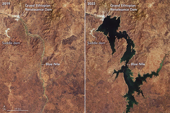 Satellite images show the Grand Ethiopian Renaissance Dam and its reservoir along the Blue Nile before and after filling. Left: Feb. 6, 2019; right: Feb. 14, 2022.