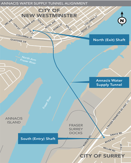 Map of the Annacis Water Supply Tunnel alignment under the Fraser River connecting New Westminster and Surrey.