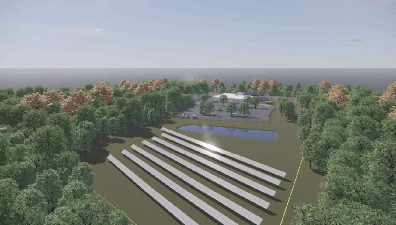 Rendering of a building with rows of solar panels in the foreground.