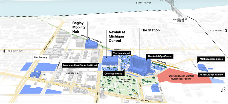 Map of Michigan Central campus showing future multimodal transit hub site in Detroit.