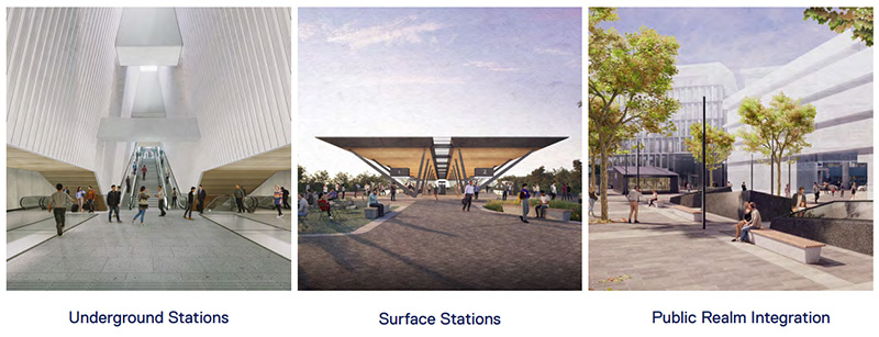 Three-panel rendering of Dublin MetroLink: left, underground station interior with escalators; center, surface station with canopy and passengers; right, public plaza with seating and landscaping integrated with buildings.