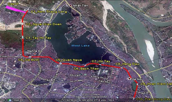 Map of Hanoi Metro Line 2 route from Nam Thang Long to Tran Hung Dao, highlighting stations and the tunnel section under the Old Quarter.