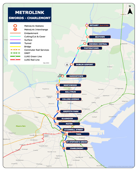 Map showing Dublin MetroLink alignment from Swords to Charlemont, with stations including Dublin Airport, O’Connell Street and St. Stephen’s Green, and interchanges with commuter rail and LUAS lines.